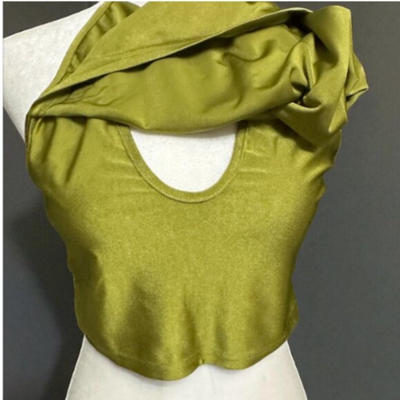 New Women's Olive-Colored Satin Top with Drapery and Open Back Size: L (8-10) - Picture 4 of 6